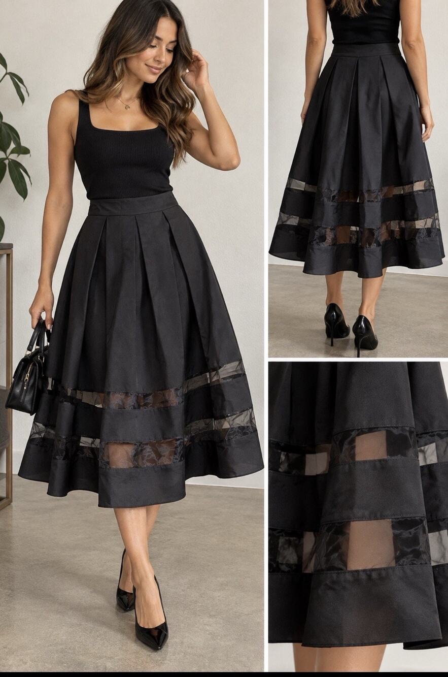 Express Women’s Pleated Black Skirt Sheer Organza Panels A Lined Dark Romantic 6